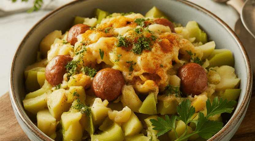 Kohlrabi Kartoffel Mohren Eintopf mit Wiener Würstchen und 200 g Schmelzkäse