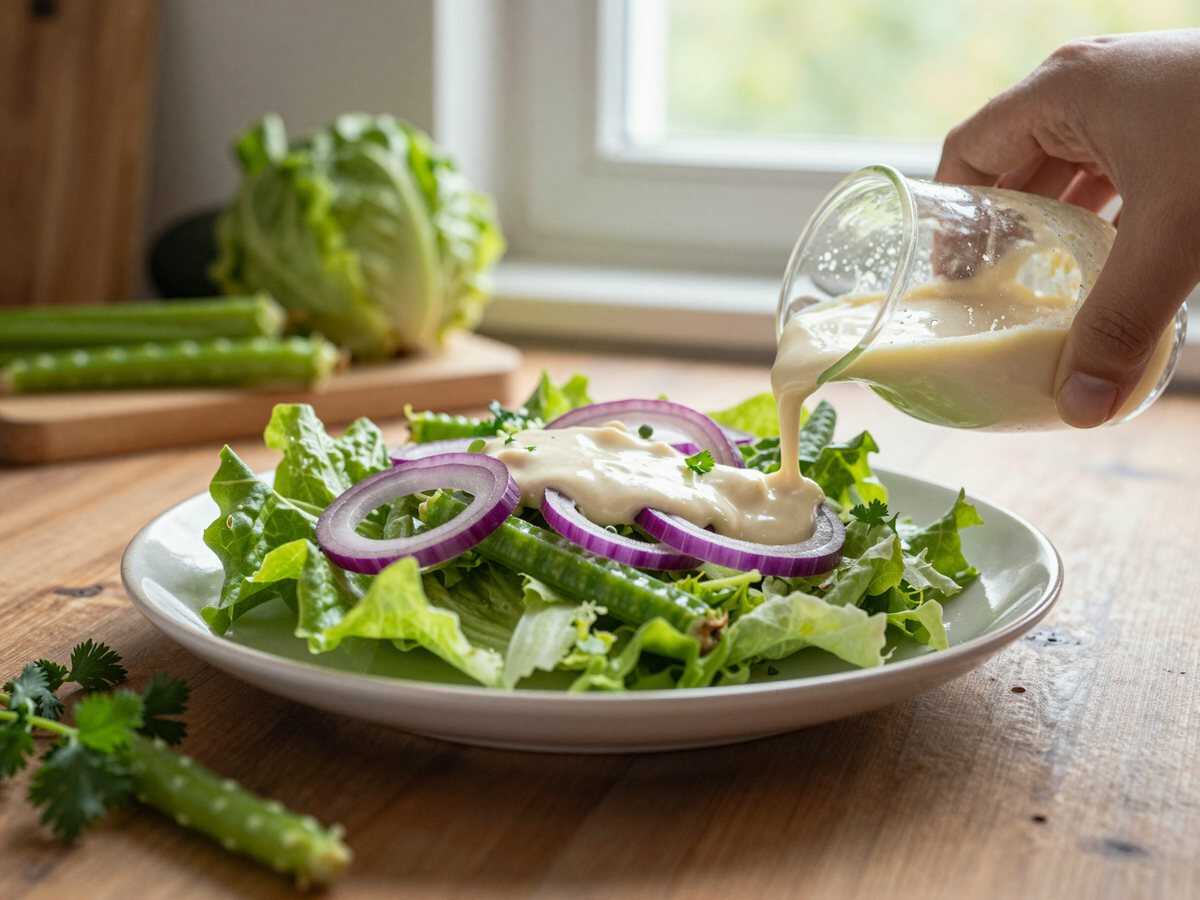 Kopfsalat mit Omas Sahne-Zitronen-Dressing – während der Zubereitung
