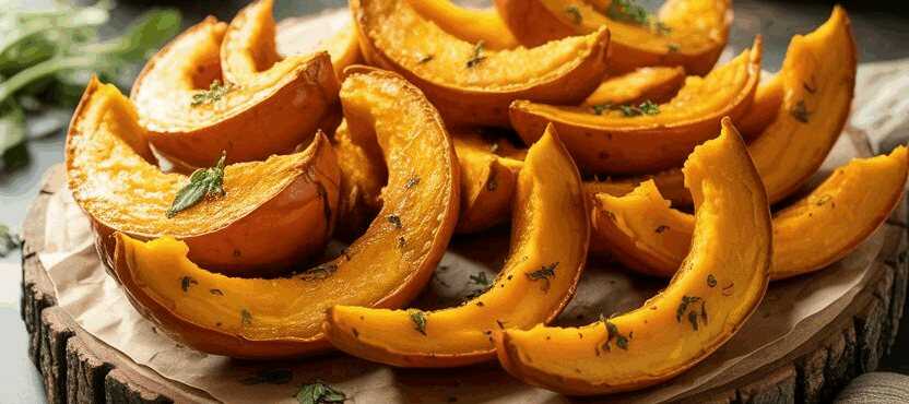 Kürbisspalten mit Kräutern aus dem Airfryer – so sieht es fertig aus