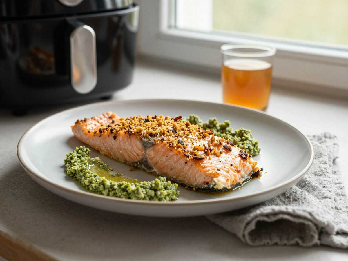 Lachs mit Honig-Senf-Kruste aus dem Airfryer – perfekt als Beilage zum Grillabend – während der Zubereitung