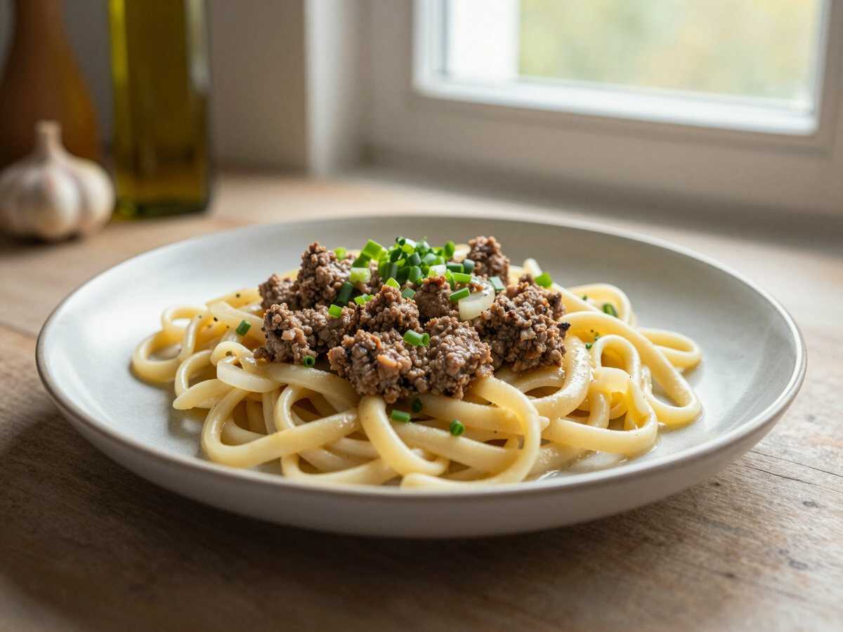 Lauchpfanne mit 500 g Gehacktes & 400 g Nudeln – während der Zubereitung
