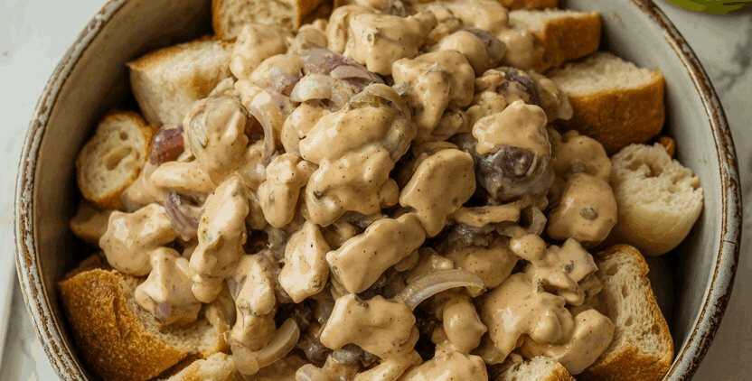 Lauwarmer Brotsalat mit Zwiebeln