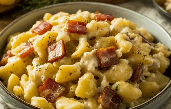 Lauwarmer Kartoffelsalat mit Speckwürfeln