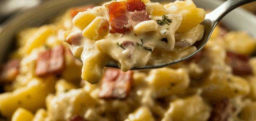 Lauwarmer Kartoffelsalat mit Speckwürfeln – so sieht es fertig aus