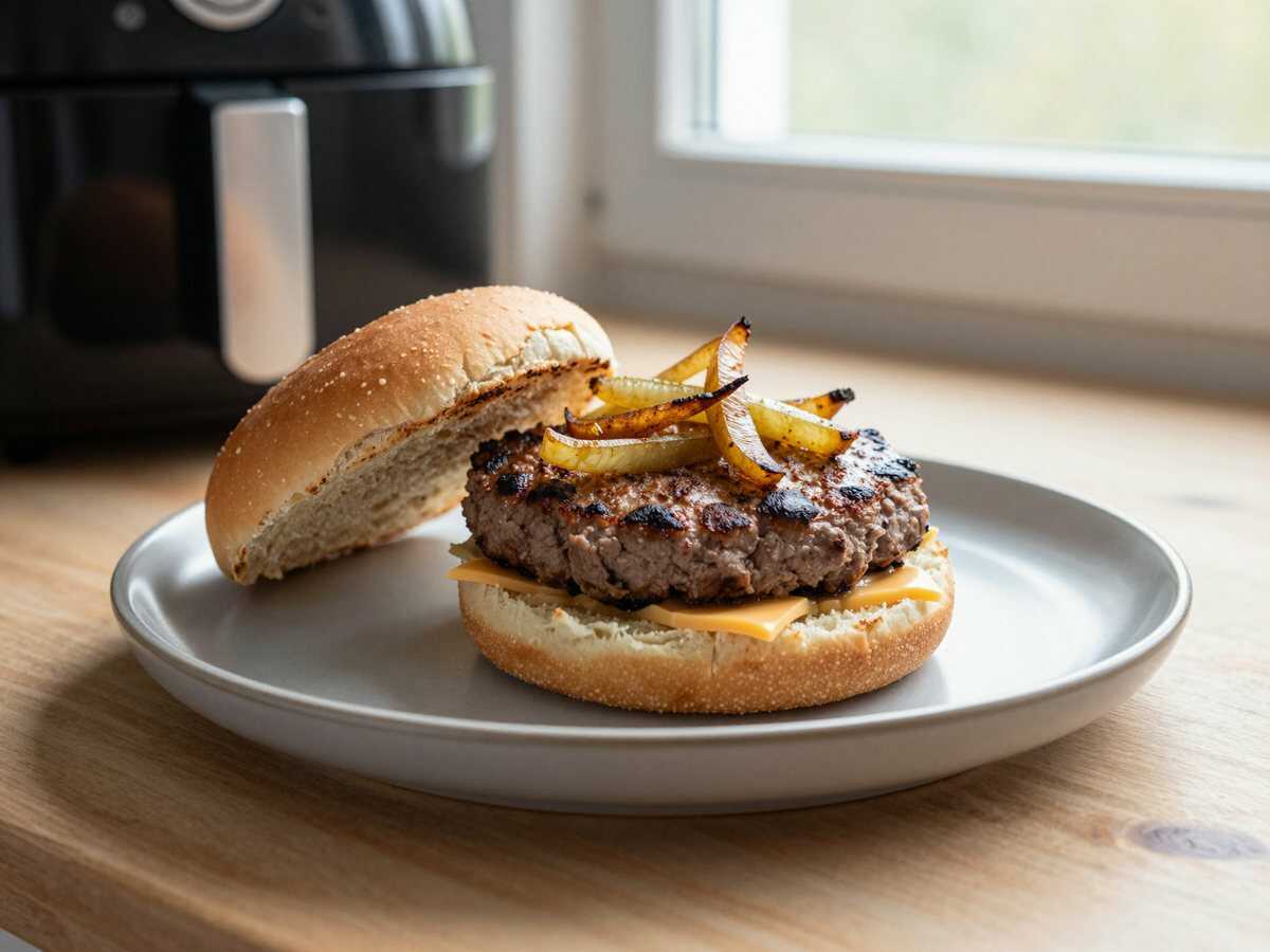 Leberkäse-Burger mit Röstzwiebeln aus dem Airfryer – Kinder lieben dieses Rezept – während der Zubereitung
