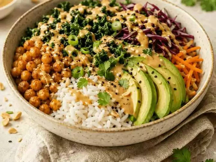 Leckere Erdnuss-Kichererbsen-Buddha-Bowl in nur 10 Minuten zubereitet!