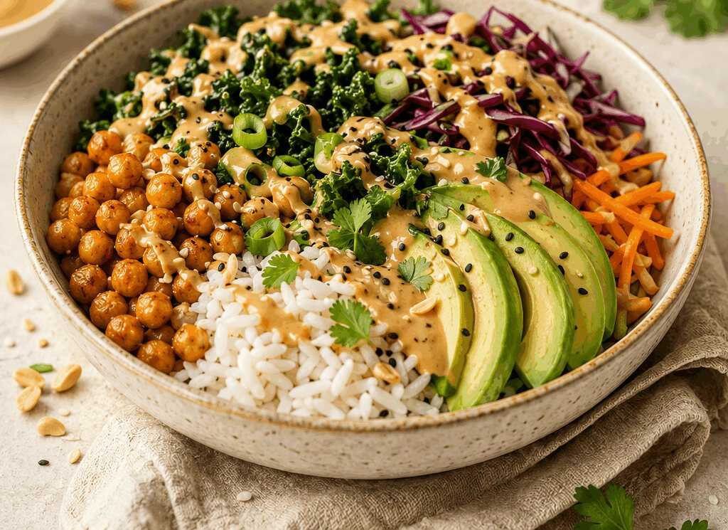 Leckere Erdnuss-Kichererbsen-Buddha-Bowl in nur 10 Minuten zubereitet!