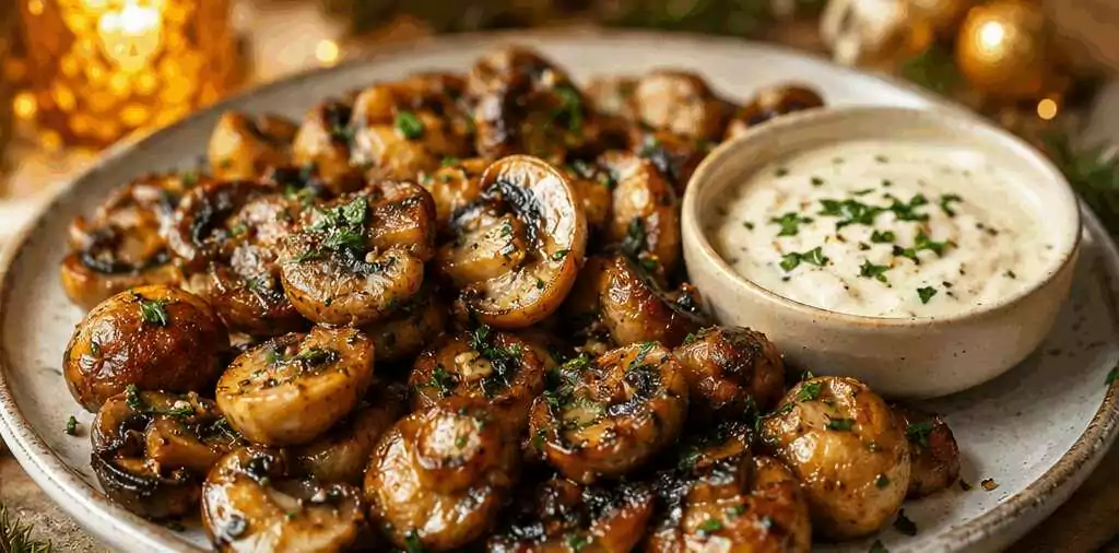 Leckere gebratene Pilze mit Knoblauch-Dip: Das perfekte Rezept für Pilzliebhaber! – so sieht es fertig aus