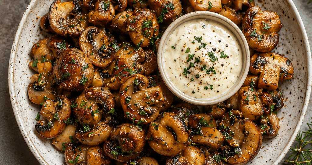 Gebratene Pilze mit Knoblauch-Dip
