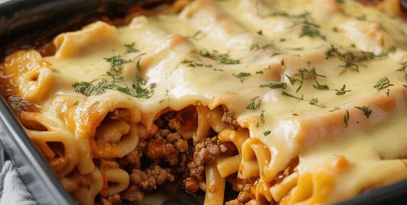 Käserolle mit Hackfleisch für 30 Minuten im Ofen gebacken