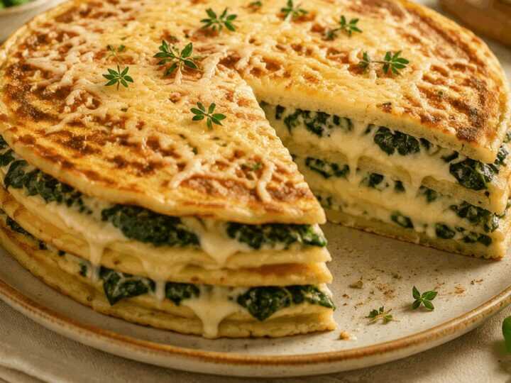 Leckere Schichttorte mit Spinat und Käse – Ein Muss für Pfannkuchen-Fans!