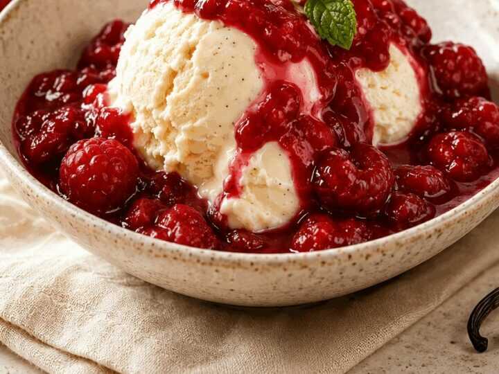 Leckeres Dessert: Vanilleeis trifft auf heiße Himbeeren!