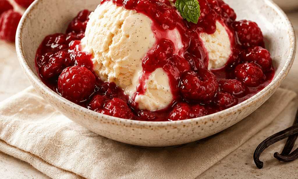 Leckeres Dessert: Vanilleeis trifft auf heiße Himbeeren!