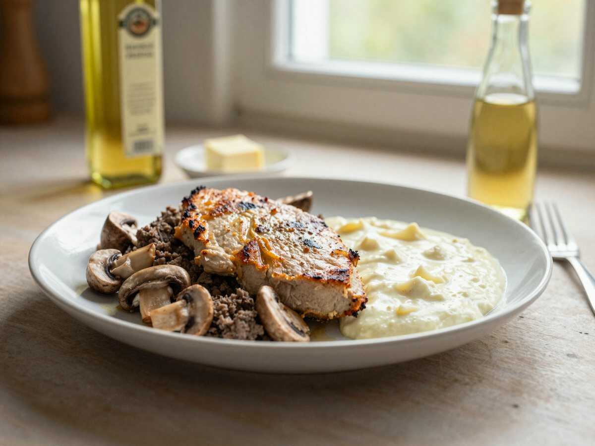 Leckeres Rezept für überbackene Puten-Schnitzel mit Hackfleisch und Pilzen – Unwiderstehlich! – während der Zubereitung