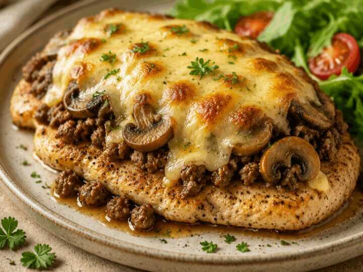 Leckeres Rezept für überbackene Puten-Schnitzel mit Hackfleisch und Pilzen – Unwiderstehlich!