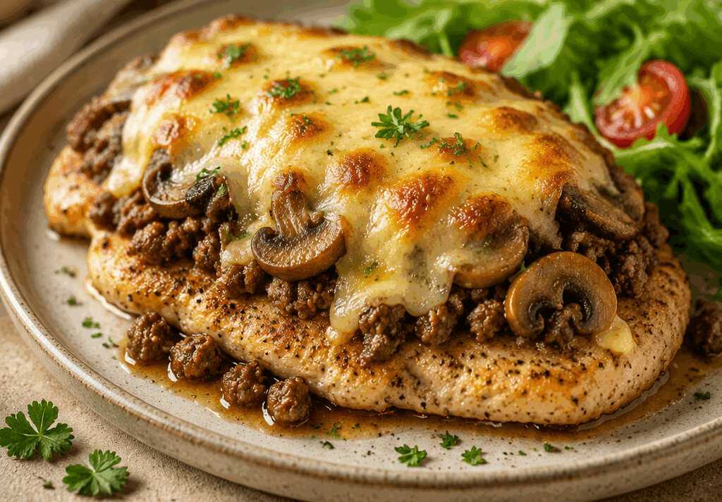 Leckeres Rezept für überbackene Puten-Schnitzel mit Hackfleisch und Pilzen – Unwiderstehlich!