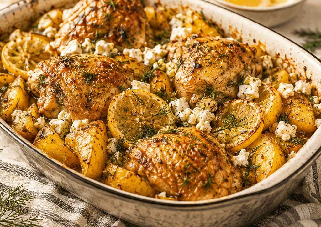 Magisches Ofengericht: Hähnchen und Kartoffeln mit Feta, Zitrone und Dill-Trick