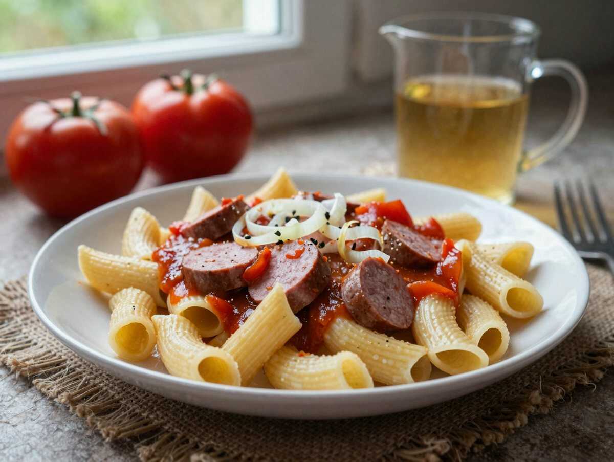 Makkaroni mit Tomatensoße und Jagdwurst – während der Zubereitung