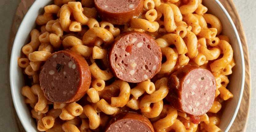 Makkaroni mit Tomatensoße und Jagdwurst