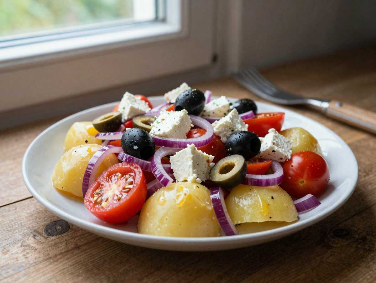 Mediterraner Kartoffelsalat mit Oliven und Feta, das 5-Sterne-Rezept aus einfachen Kartoffeln – während der Zubereitung