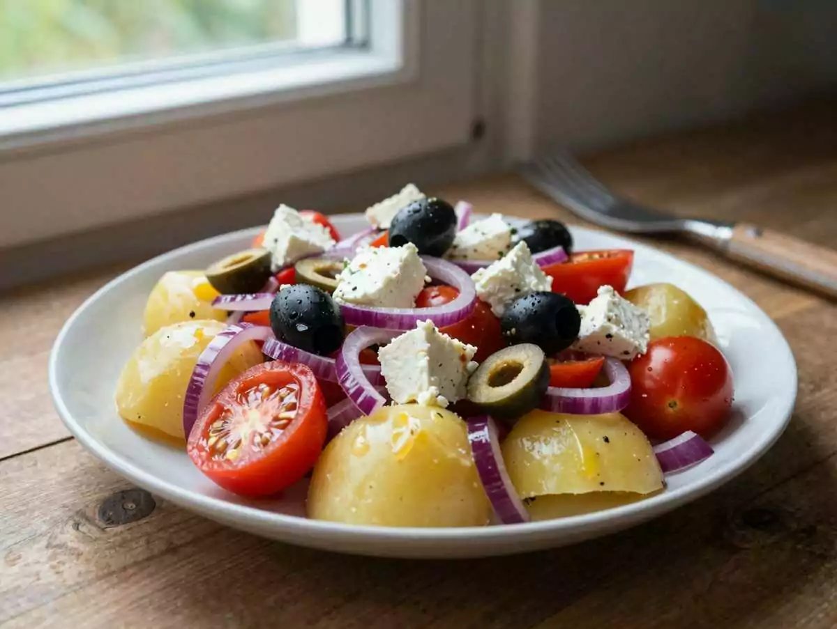 Mediterraner Kartoffelsalat mit Oliven und Feta, das 5-Sterne-Rezept aus einfachen Kartoffeln – während der Zubereitung