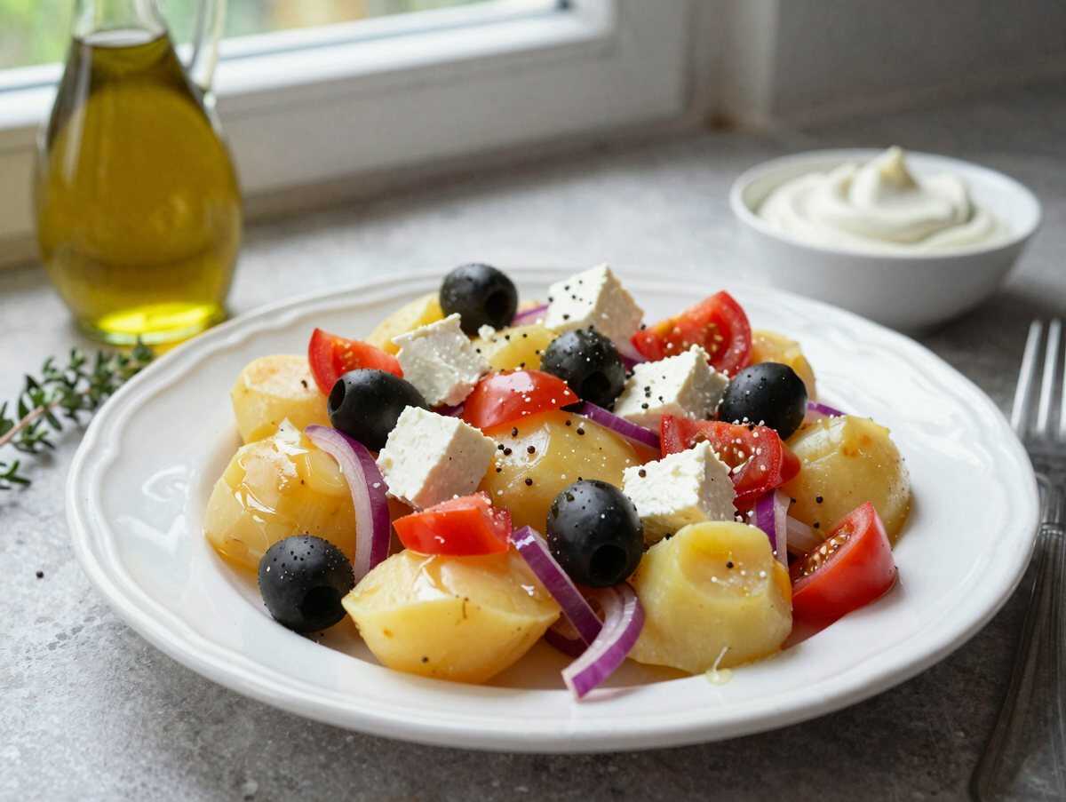 Mediterraner Kartoffelsalat mit Oliven und Feta, einmal probiert, immer wieder gemacht – während der Zubereitung