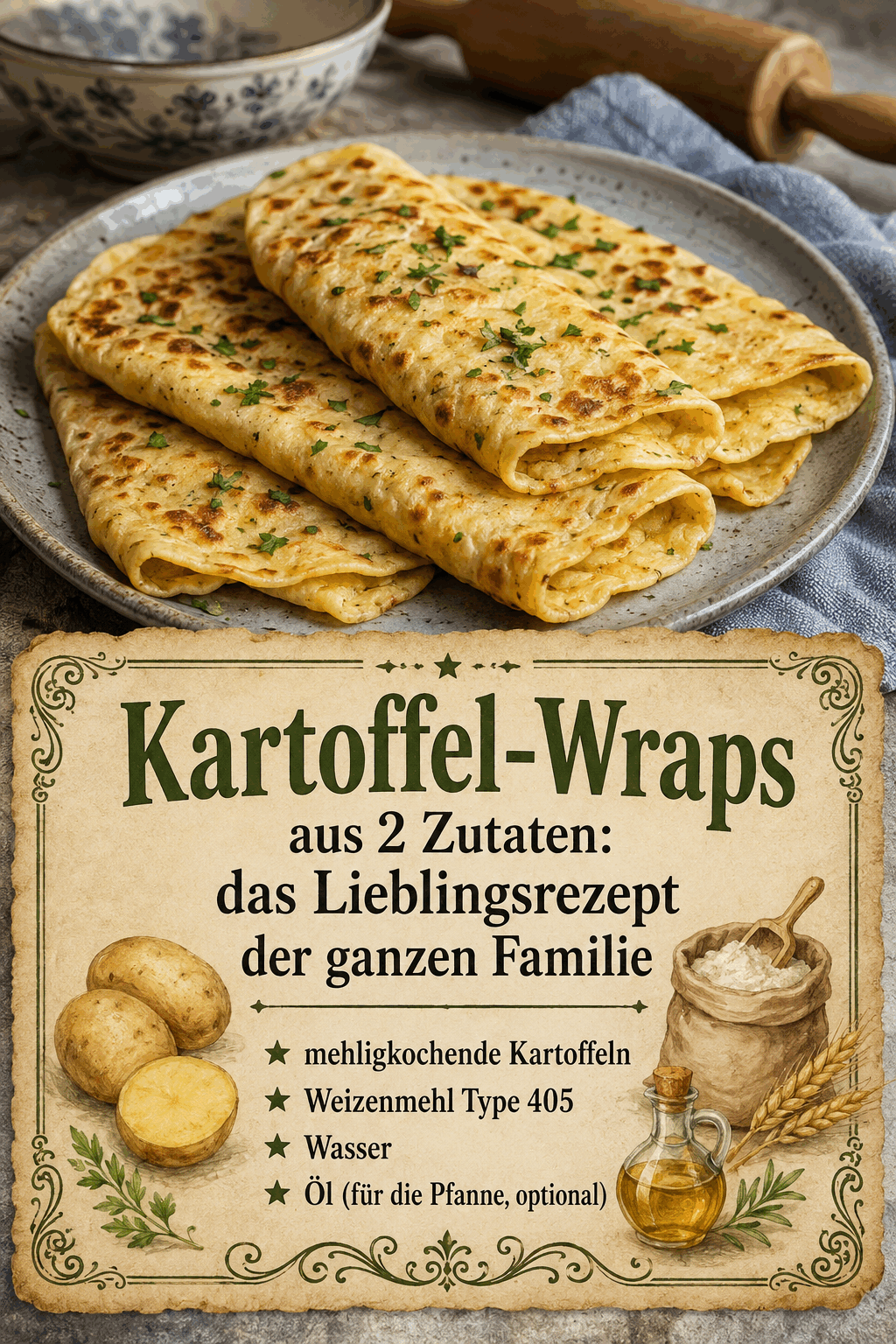 - mehligkochende Kartoffeln - Weizenmehl Type 405 - Wasser - Öl (für die Pfanne, optional)