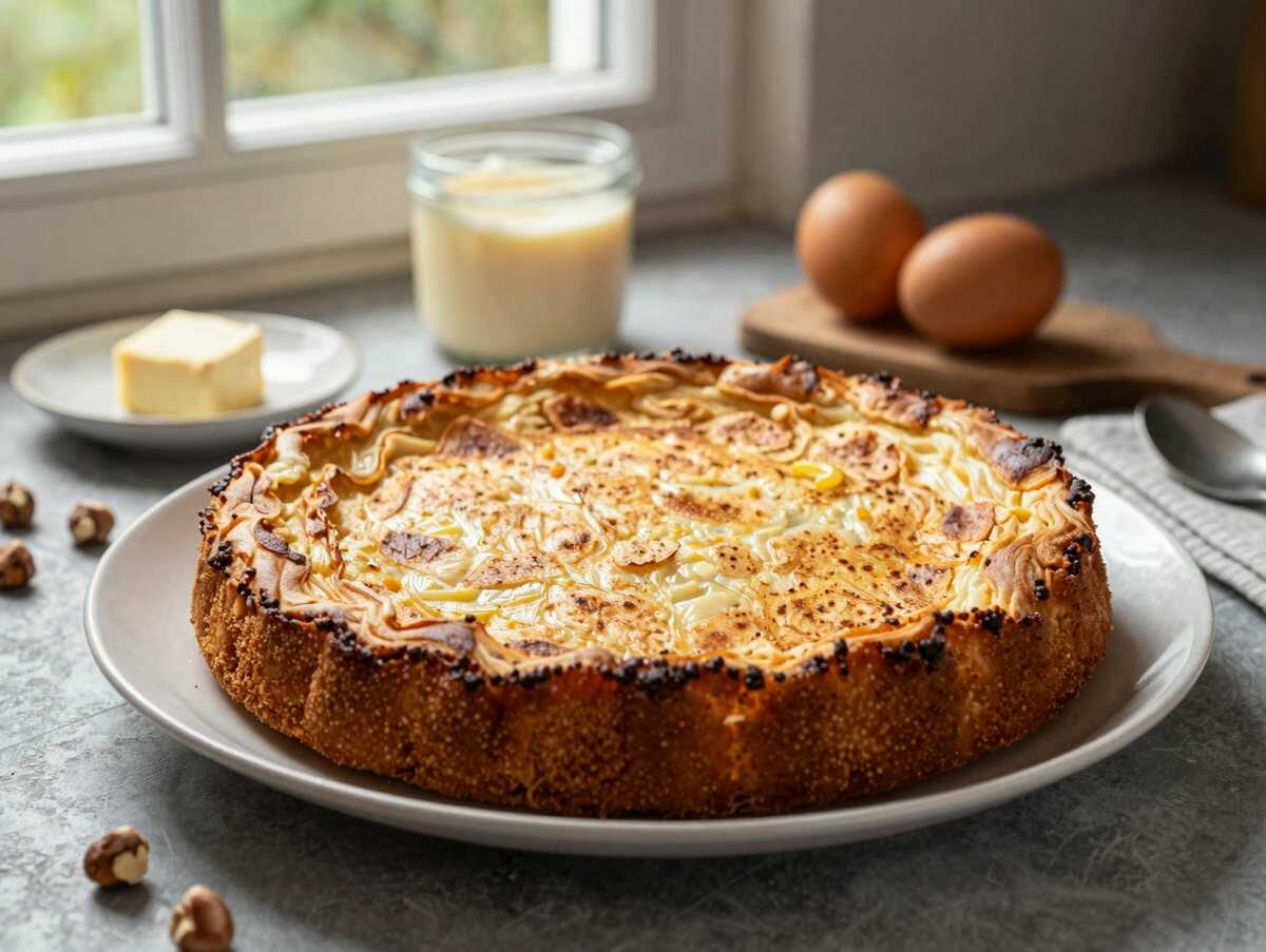 Mischen Sie Mehl mit 100 g Frischkäse, Ultrasaftiger Nusskuchen – während der Zubereitung