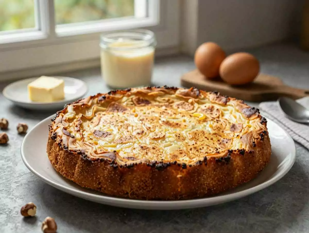 Mischen Sie Mehl mit 100 g Frischkäse, Ultrasaftiger Nusskuchen – während der Zubereitung