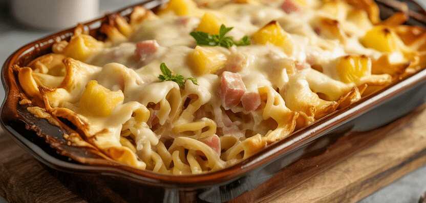 Nudelauflauf ‘Hawaii’ mit 250g Käse mache ich jede Woche – so sieht es fertig aus