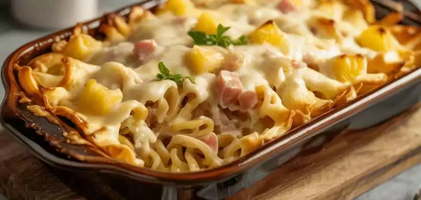 Nudelauflauf ‘Hawaii’ mit 250g Käse mache ich jede Woche – so sieht es fertig aus