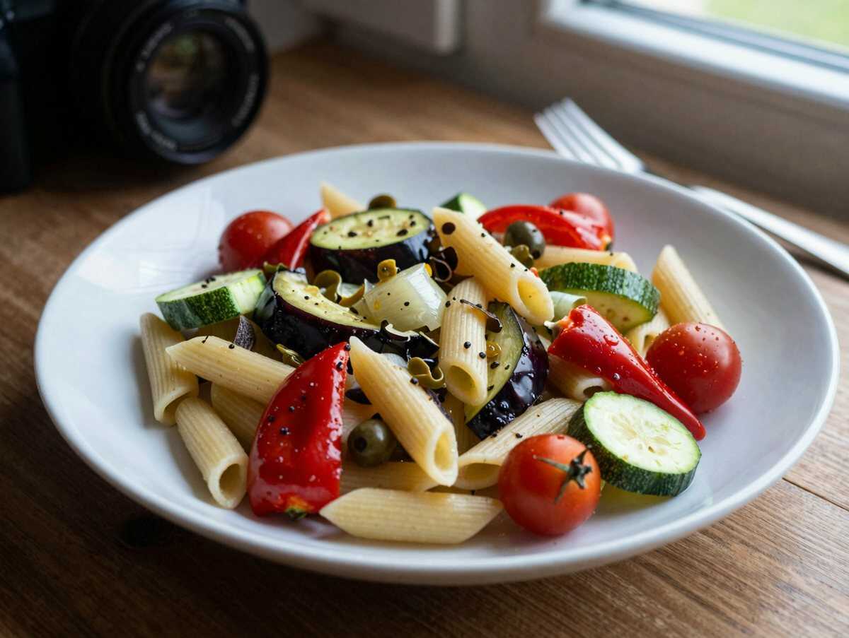 Nudelsalat mediterran mit Gemüse – während der Zubereitung