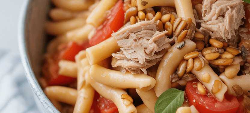 Nudelsalat mit Thunfisch, Kernen & Tomaten – Dein sommerlicher Allrounder! – so sieht es fertig aus