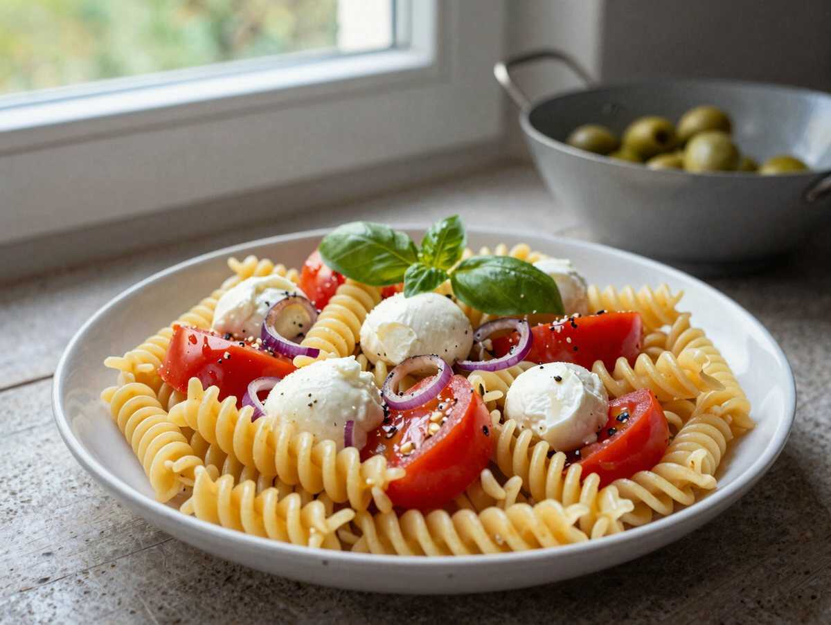 Nudelsalat Tomate-Mozzarella – Dein italienischer Sommerhit! – während der Zubereitung