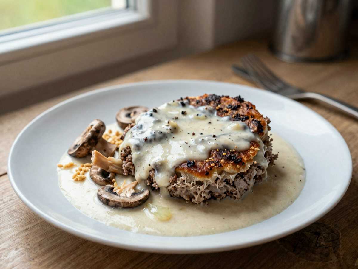Ofenfrikadellen mit 400g Champignons in Rahmsoße – während der Zubereitung