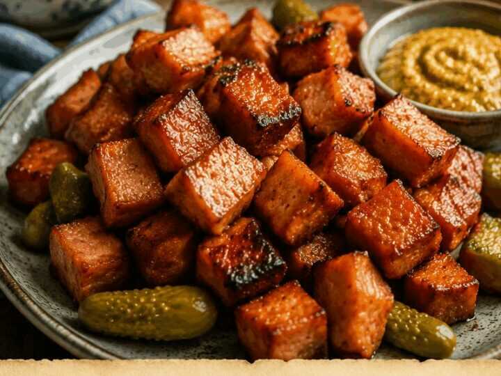 Ofenleberkäse-Würfel als Partysnack aus dem Airfryer: schmeckt nach Sonntag bei Oma