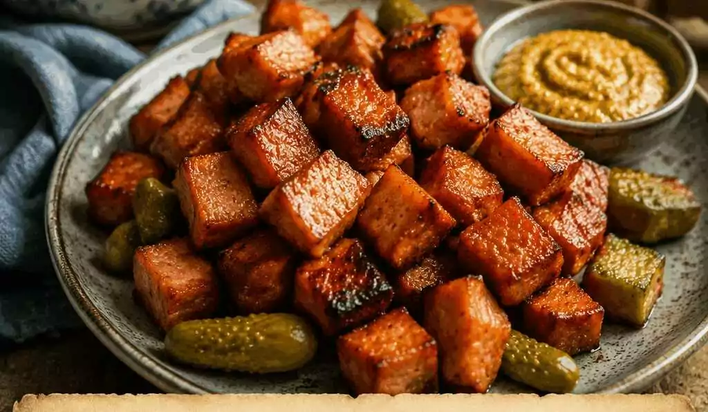 Ofenleberkäse-Würfel als Partysnack aus dem Airfryer