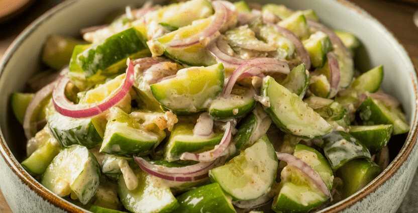 Gurkensalat mit roten Zwiebeln, Senfkörnern und Apfelessig
