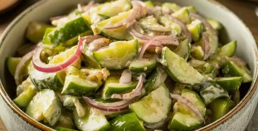 Gurkensalat mit roten Zwiebeln, Senfkörnern und Apfelessig
