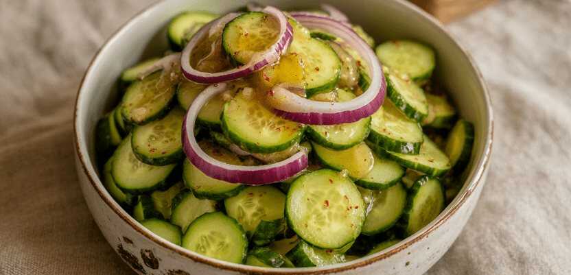 Omas Gurkensalat mit Zwiebeln und Apfelessig – so sieht es fertig aus