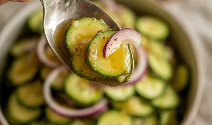 Gurkensalat mit Apfelessig und Dill, hauchdünn gehobelt