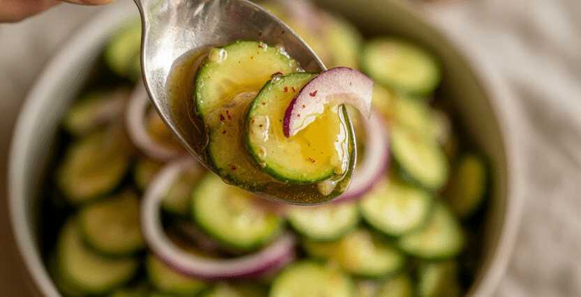 Gurkensalat mit Apfelessig und Dill, hauchdünn gehobelt