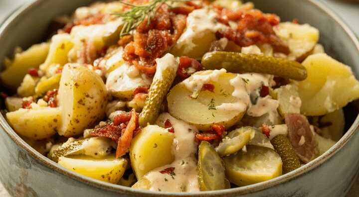 Omas Kartoffelsalat mit Essig, Öl und Senf
