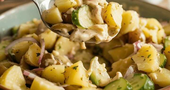 Omas Kartoffelsalat mit Gurken und Zwiebeln