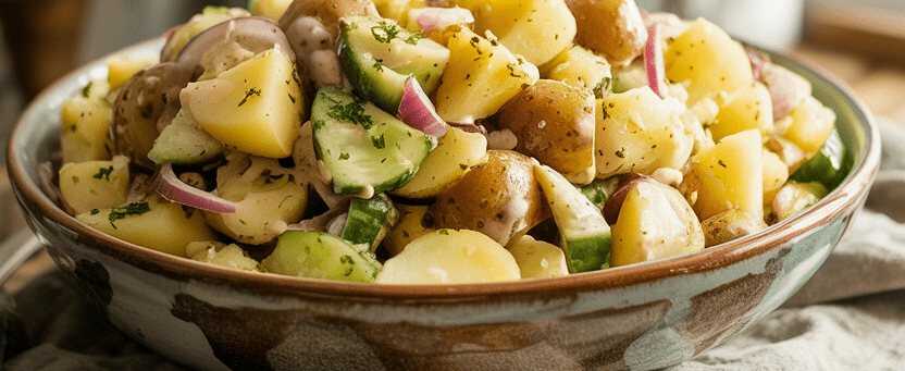 Omas Kartoffelsalat mit Gurken und Zwiebeln – so sieht es fertig aus