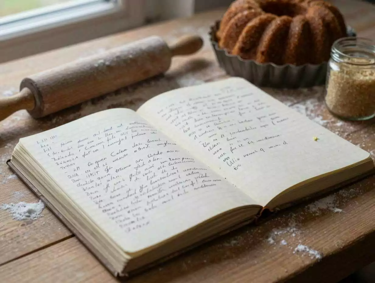 Altes handgeschriebenes Rezeptheft auf einem bemehlten Holztisch