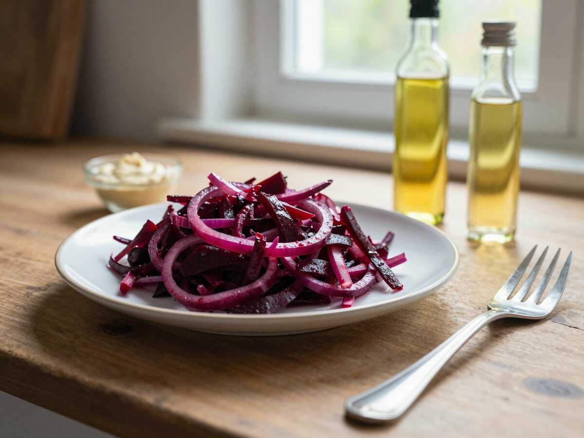 Omas Rote-Bete-Salat mit Zwiebeln und Essig – während der Zubereitung