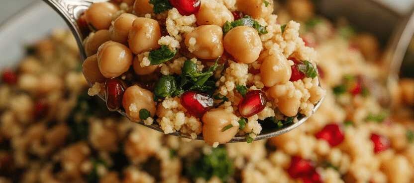 Orientalischer Couscous-Salat mit Kichererbsen und Granatapfel – so sieht es fertig aus