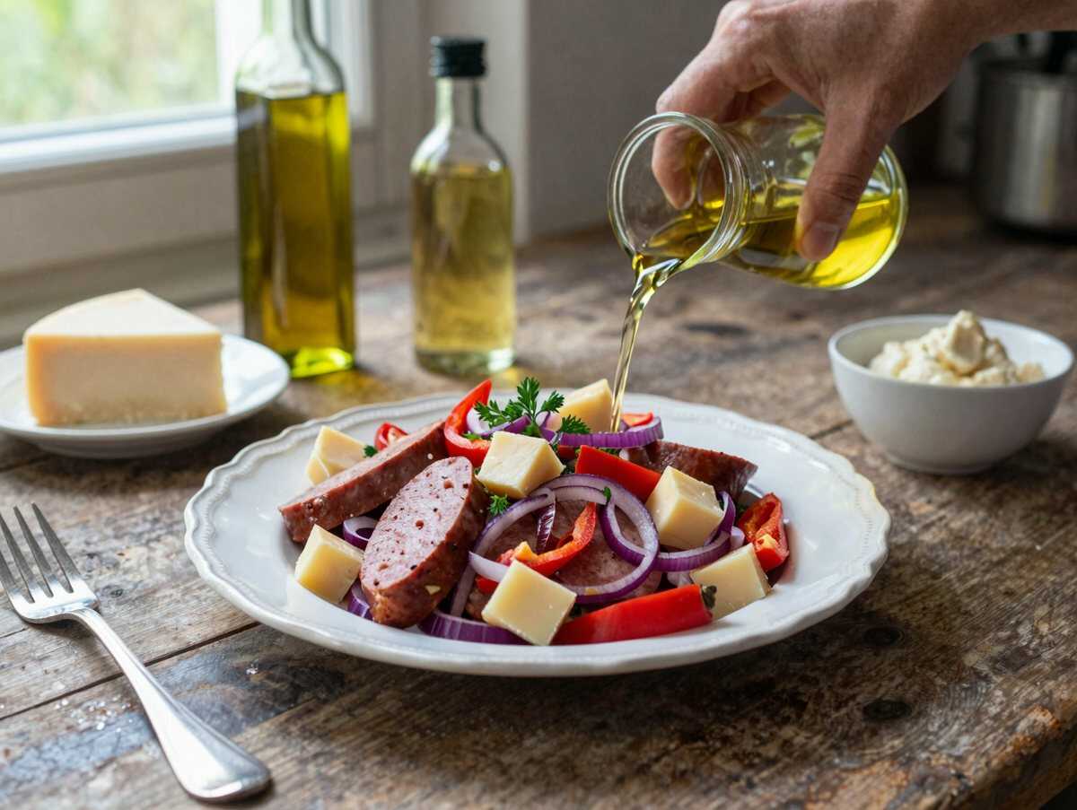 Paprika Gouda Salat mit 100 g Fleischwurst, der beste Salat gerade jetzt – während der Zubereitung