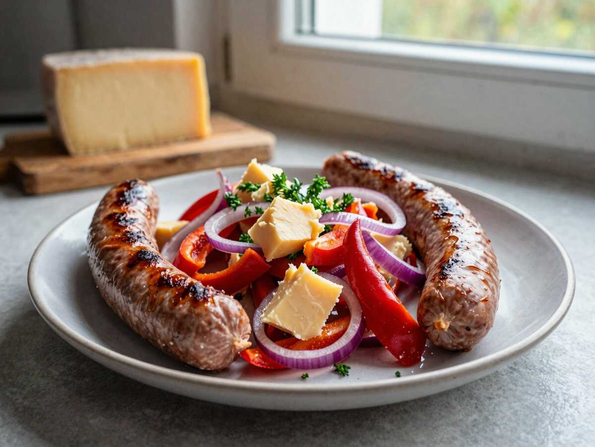 Paprika Gouda Salat mit 100g Fleischwurst in 15 Minuten – während der Zubereitung